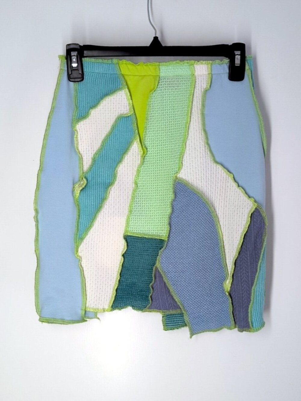 Akira green/blue/white patchwork bodycon knit mini skirt L